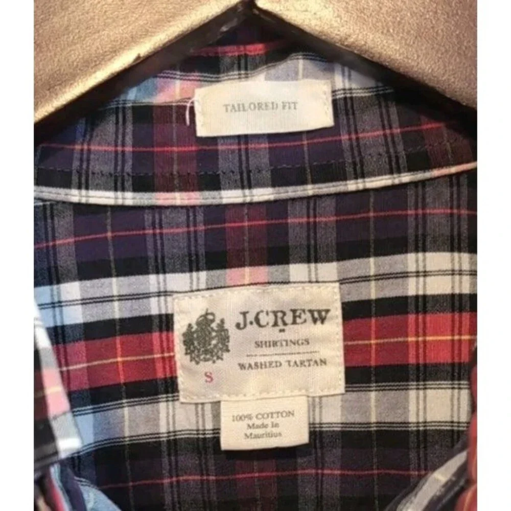 J. Crew Mens Small S Red Purple Tartan Plaid Dress Shirt Tailored Fit Button Up